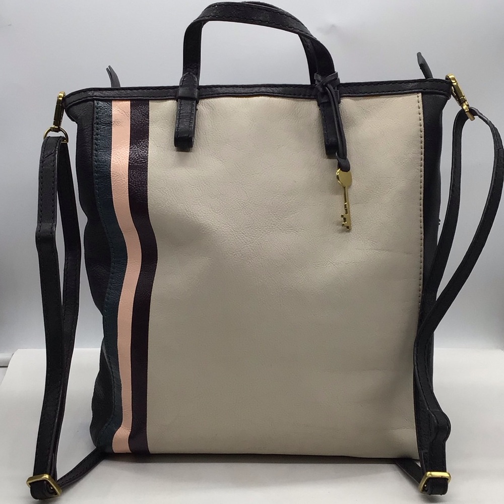 Fossil Multi-Color Stripe Black Beige Pebble Leather Backpack